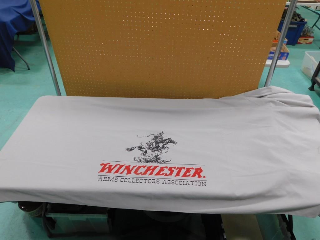 Large Fabric Winchester Advertising Banner or Possible Light Weight Blanket of Sorts?: Large Fabric Winchester Advertising Banner or Possible Light Weight Blanket of Sorts?- All pictures are considered part of the description and should be examined carefully by bidders. Live Auctioneers