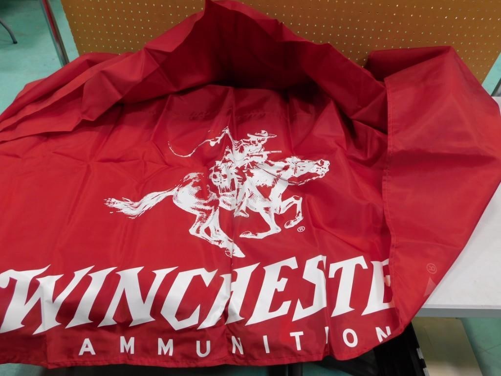 Large Red Winchester Fabric Banner: Large Red Winchester Fabric Banner- All pictures are considered part of the description and should be examined carefully by bidders. Live Auctioneers is now offering Live Shipping through them. 