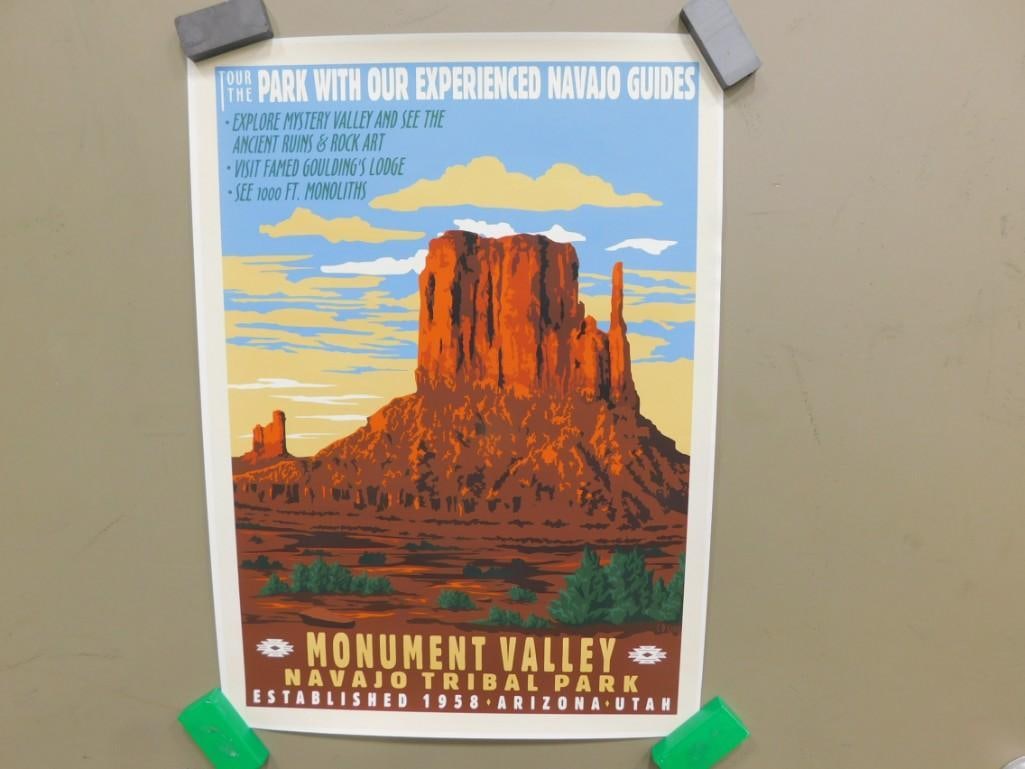 Monument Valley Navajo Tribal Park Poster - Measures roughly 13x18": Monument Valley Navajo Tribal Park Poster - Measures roughly 13x18" All pictures are considered part of the description and should be examined carefully by bidders. Live Auctioneers is now offerin