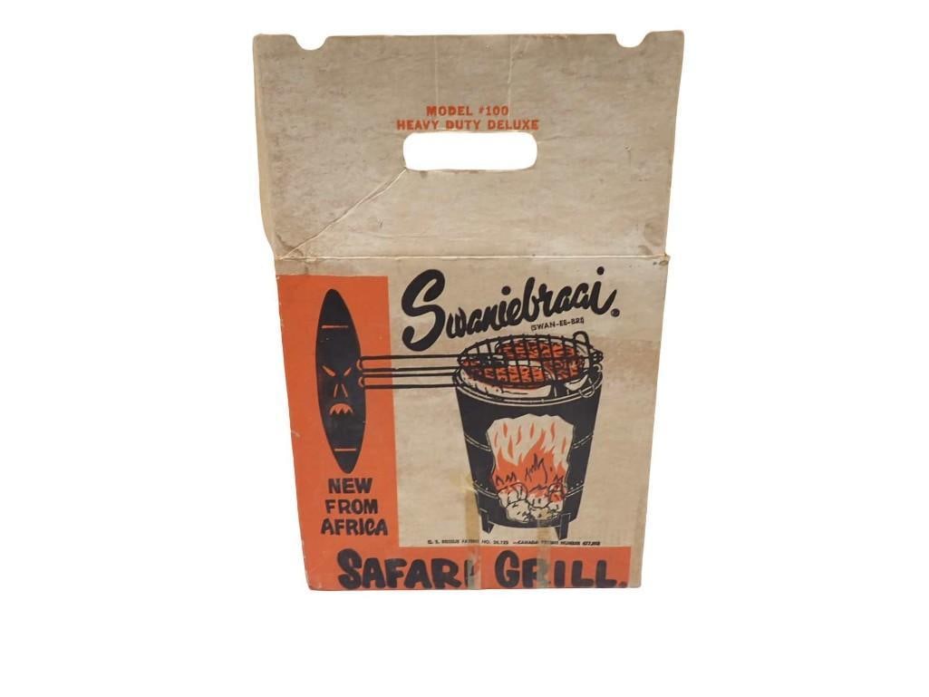 Vintage Swanie Braai Portable Safari Grill in Original Box: Vintage Swanie Braai Portable Safari Grill in Original Box. Great for camping, hunting, or tailgating. All pictures are considered part of the description and should be examined carefully by bi