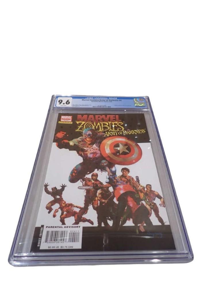 Marvel Zombies/Army of Darkness #4 CGC Graded 9.6 White Pages Comic Book Dynamite-Marvel Comics 8/07: Marvel Zombies/Army of Darkness #4 CGC Graded 9.6 White Pages Comic Book Dynamite-Marvel Comics 8/07. Captain American #100 cover homage. John Layman story, Arthur Suydam cover, Fabiano Neves, F