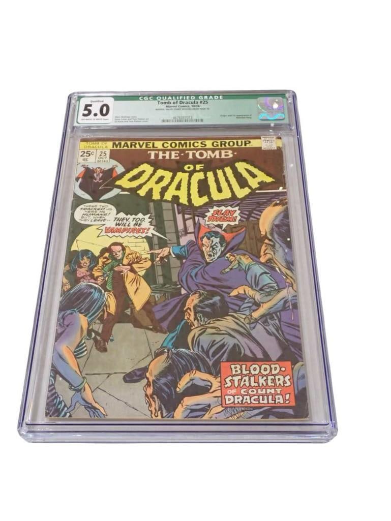 Tomb of Dracula #25 CGC Qualified Graded 5.0 Off White to White Pages Marvel Comics 10/74 Comic Book: Tomb of Dracula #25 CGC Qualified Graded 5.0 Off White to White Pages Marvel Comics 10/74 Comic Book. Marvel value stamp missing from page 10. Origin and 1st appearance of Hannibal King.&#