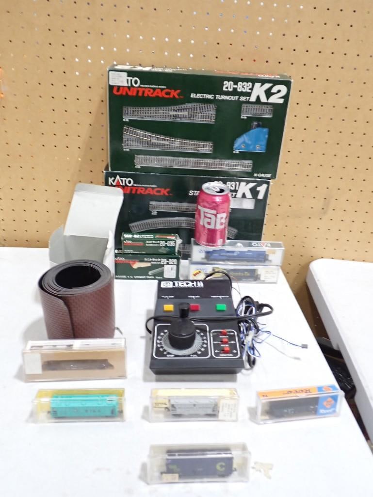 Model Train and Train Accessories Lot including Kato Unitrack Tracks, Tech II Railmaster 2400 Transf: Model Train and Train Accessories Lot including Kato Unitrack Tracks, Tech II Railmaster 2400 Transformer, N Scale Trains, etc All pictures are considered part of the description and should be examine