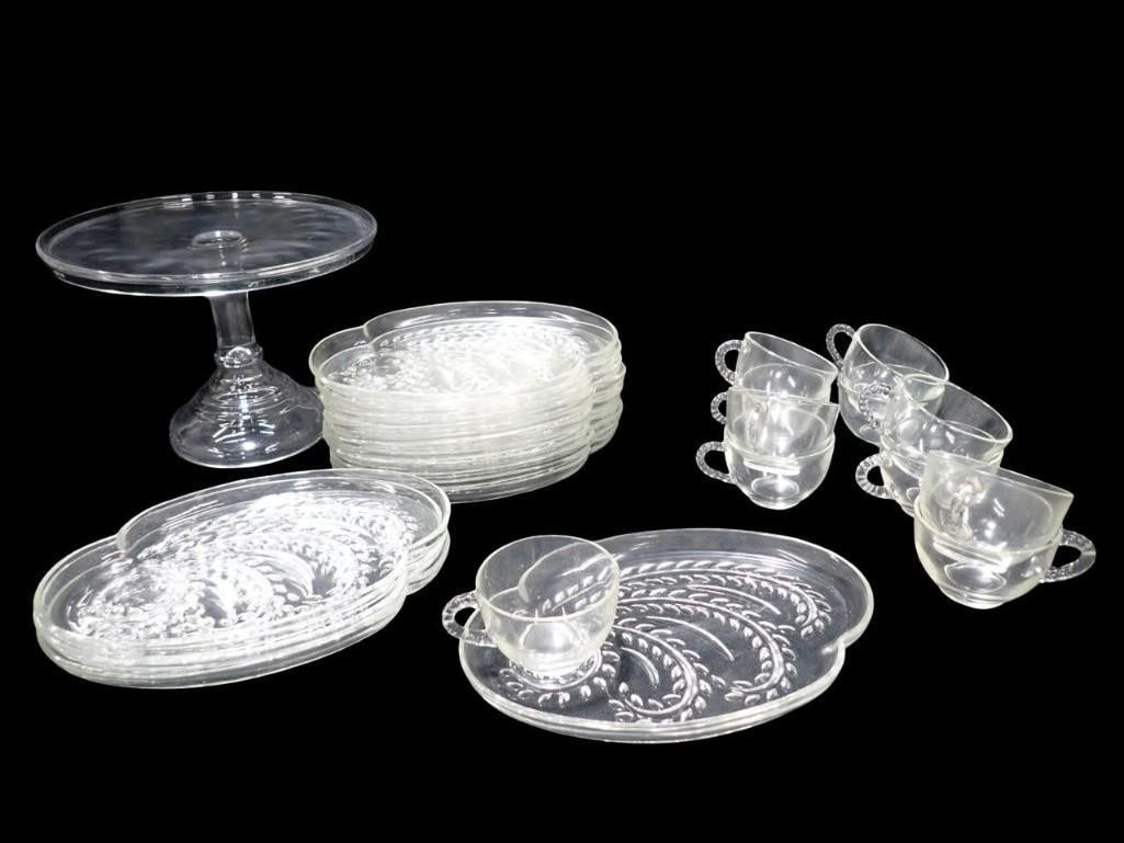 Glass Lot including Footed Cake Stand, Federal Glass Homestead Wheat snack set Glasses and trays (1 of 8)