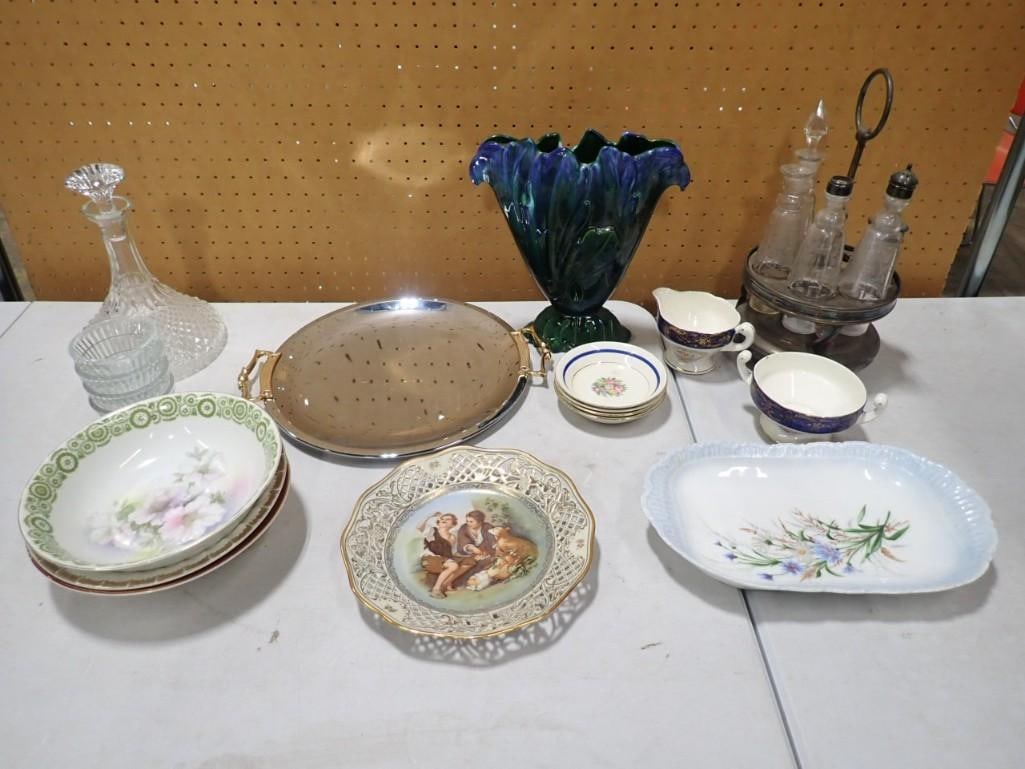 Misc. Lot including Haeger Fan Vase, Silver plate Cruet Set, Tray, Plates, China, Cut Glass Decanter (1 of 20)