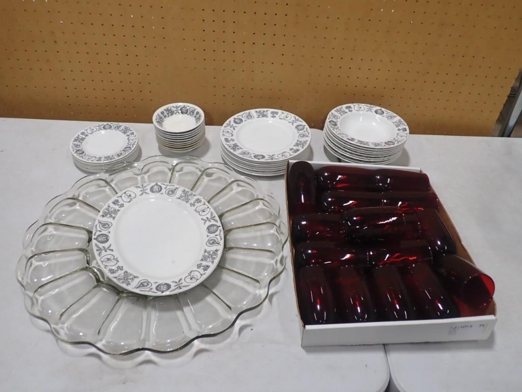 Lot of Stafforshire Ware Myotts Silhouette, Ruby Red Glasses, Divided Serving Tray, etc.: Lot of Stafforshire Ware Myotts Silhouette, Ruby Red Glasses, Divided Serving Tray, etc. All pictures are considered part of the description and should be examined carefully by bidders. Live Auctionee