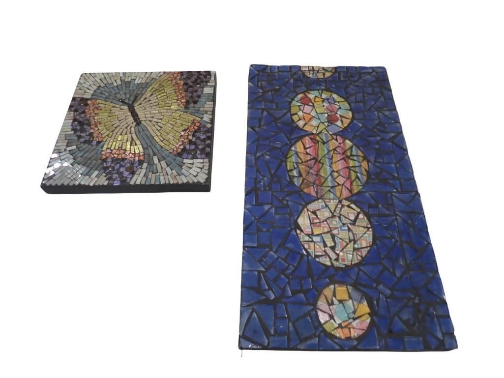 Handmade Mosaic Glass Tile Art including Butterfly and a Geometric Design: Handmade Mosaic Glass Tile Art including Butterfly and a Geometric Design All pictures are considered part of the description and should be examined carefully by bidders. Live Auctioneers is now offer
