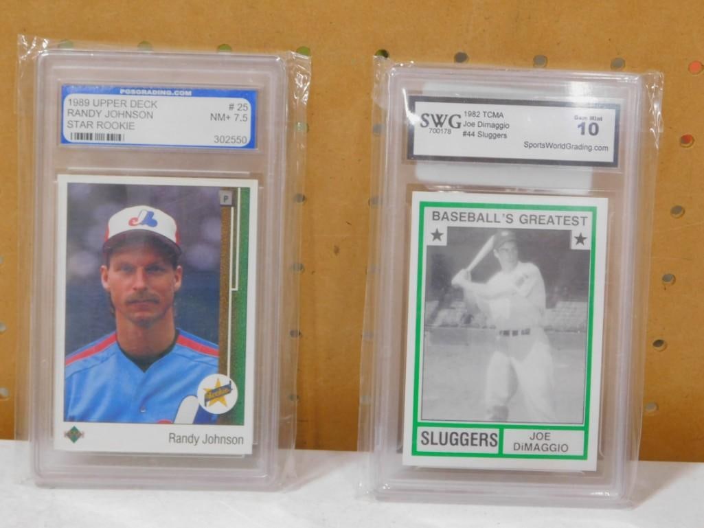 2 Graded Baseball Cards incl 1982 TCMA Joe Dimaggio $33 Sluggers SWG Graded Gem Mint 10 and: 2 Graded Baseball Cards incl 1982 TCMA Joe Dimaggio $33 Sluggers SWG Graded Gem Mint 10 and 1989 Upper Deck Randy Johnson Star Rookie PGS Grading NM+ 7.5 All pictures are considered part of the de