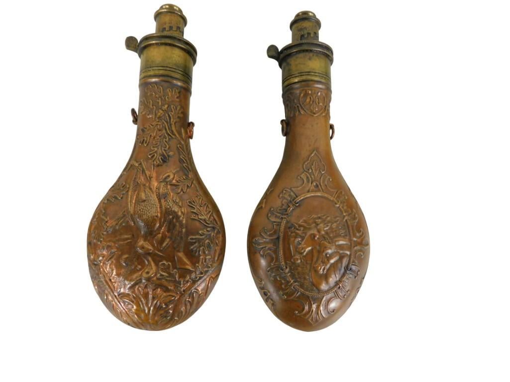 2 Antique 1800's G & JW Hawksley Powder Flasks - both functional springs and works. The tops unscrew (1 of 5)