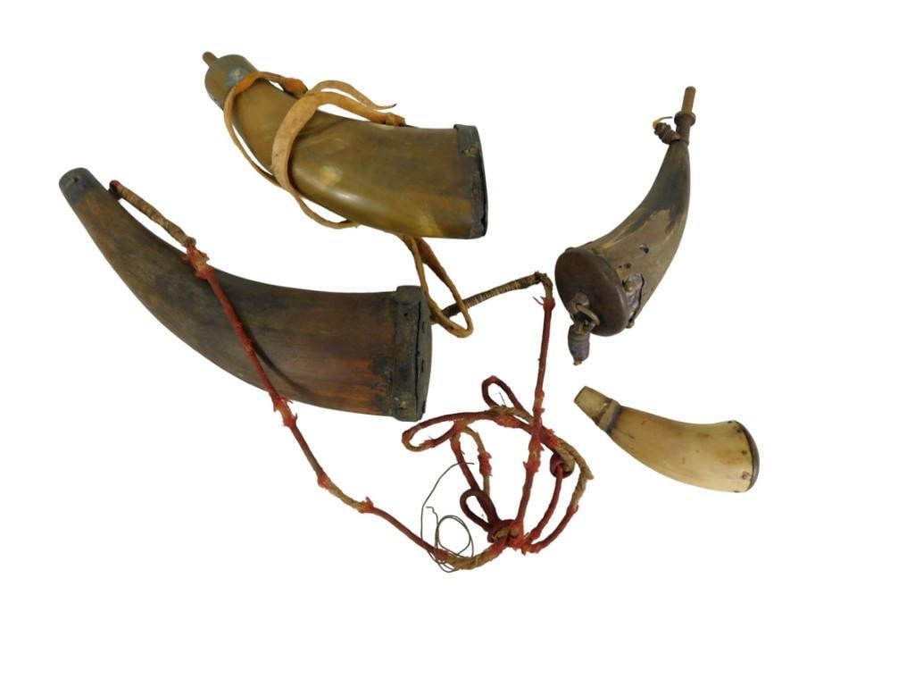 4 Antique Bone Powder Flasks from the 1800's: 4 Antique Bone Powder Flasks from the 1800's All pictures are considered part of the description and should be examined carefully by bidders. Live Auctioneers is now offering Live Shipping through