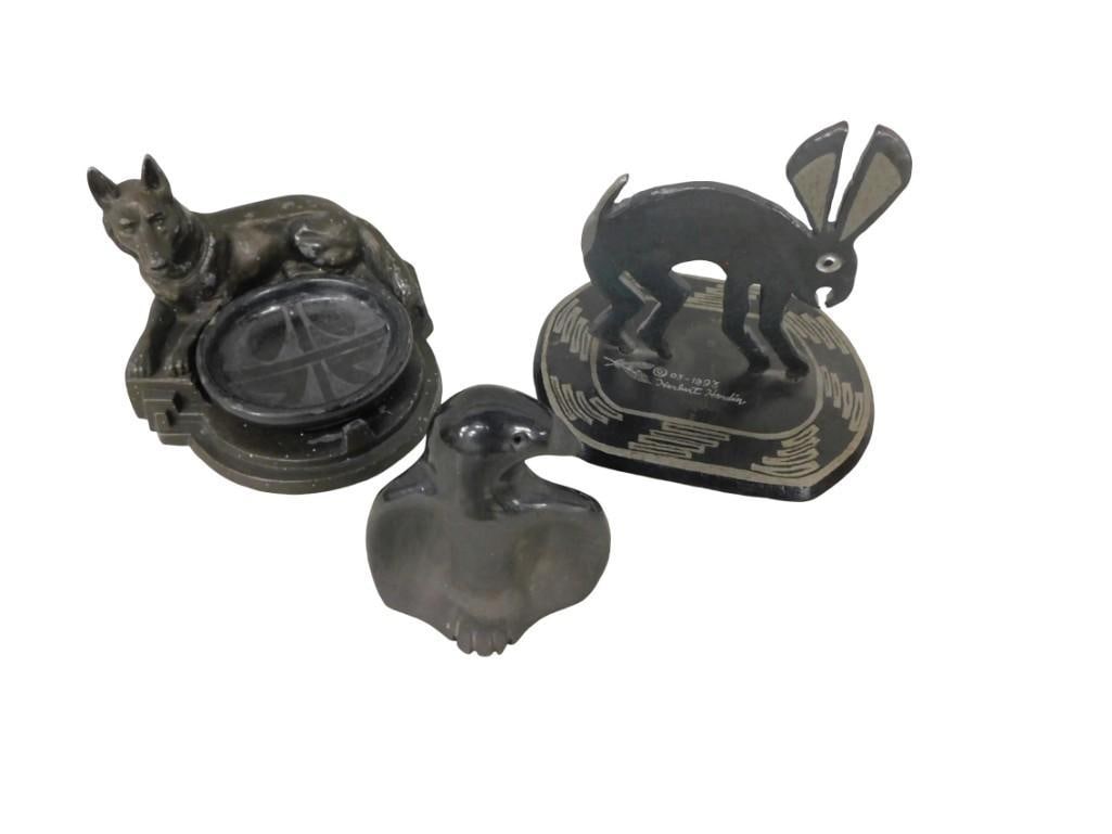 3 Pieces of Signed Southwest Items - Metal Art Mimbres Rabbit, Signed Cast Dog Santa Clara Pottery,: 3 Pieces of Signed Southwest Items - Metal Art Mimbres Rabbit, Signed Cast Dog Santa Clara Pottery, Santa Clara Pottery Bird (tail glued on) All pictures are considered part of the description and sho