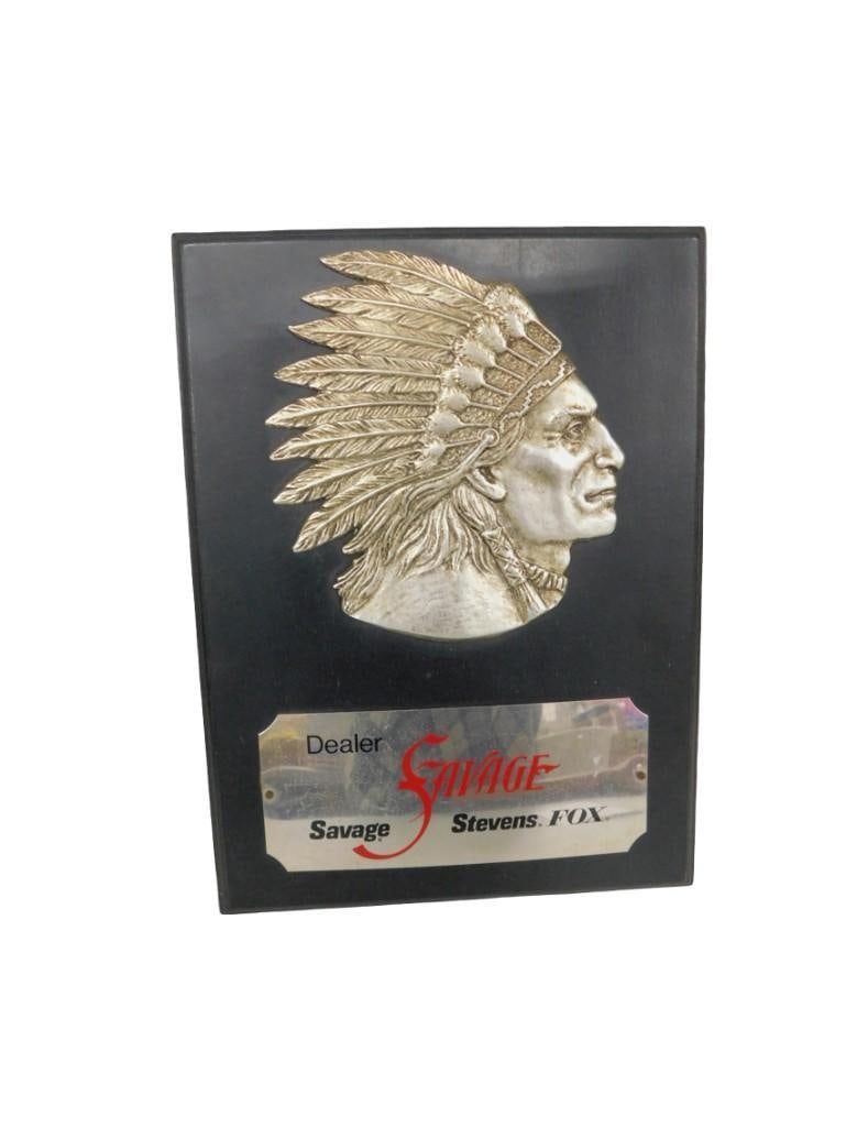 Vintage Savage Arms Dealer Plaque - this pieces is heavy and made of Metal. Native American Face Des: Vintage Savage Arms Dealer Plaque - this pieces is heavy and made of Metal. Native American Face Design All pictures are considered part of the description and should be examined carefully by bidders.