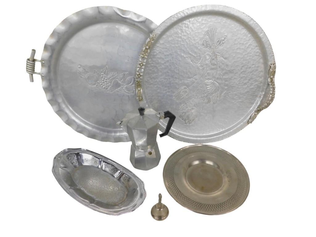 Vintage Metal Lot including Aluminum Trays with Fruit and Flower, Moka Stovetop Espresso Pot, Bell (1 of 10)