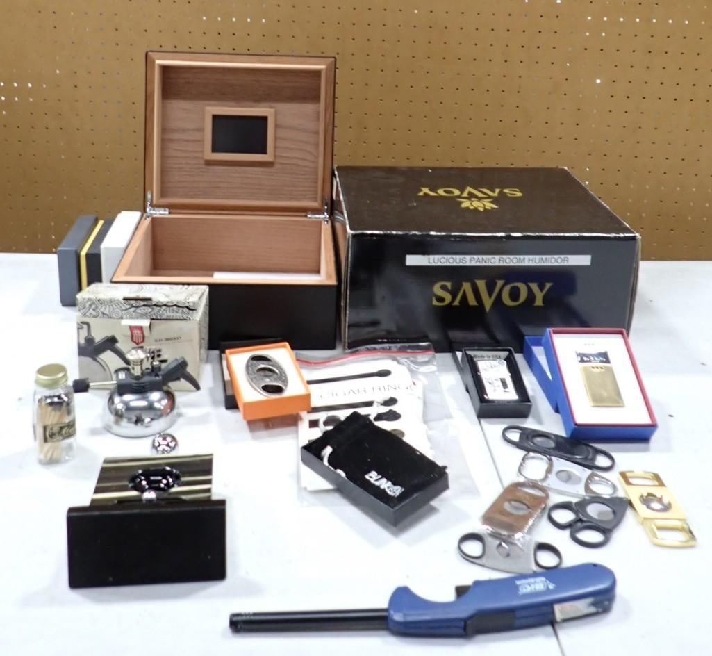 Lot of Cigar Cutters, Humidor, Stick Lighter, other Lighters, etc. "Lucious Panic Room Humidor" (1 of 10)