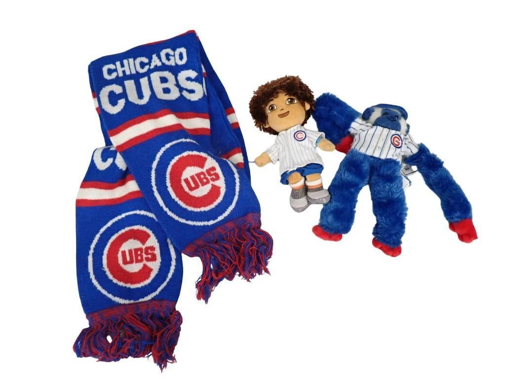 Chicago Cubs Lot including Scarf, Ty Diego, Plush Rally Monkey: Chicago Cubs Lot including Scarf, Ty Diego, Plush Rally Monkey All pictures are considered part of the description and should be examined carefully by bidders. Live Auctioneers is now offering Live Sh