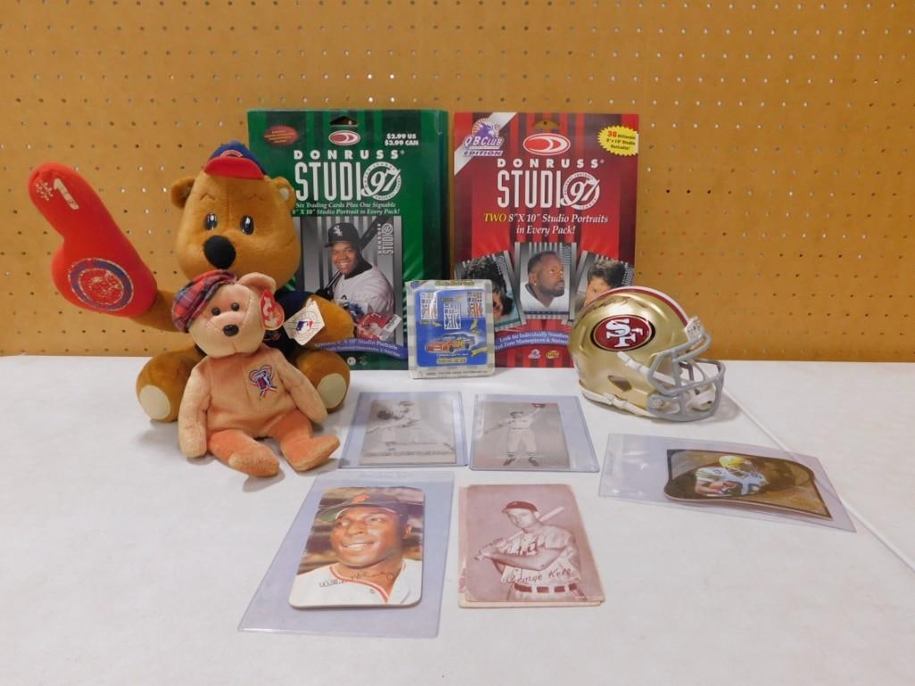 Sports lot including Donruss Studio 97 Portraits, Ty Plush, Chicago Cubs, Mini Helmet, Exhibit Cards: Sports lot including Donruss Studio 97 Portraits, Ty Plush, Chicago Cubs, Mini SF 49ers Helmet with Autograph (No COA), Exhibit Cards, etc. All pictures are considered part of the description and sho