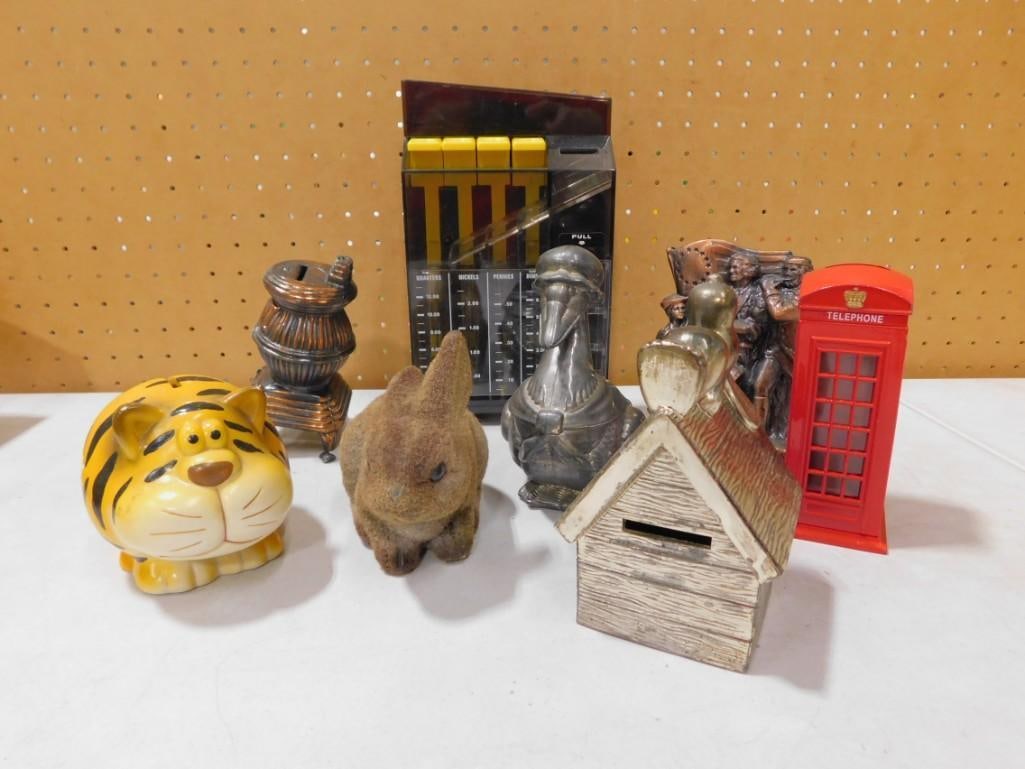 Lot of Coin Banks Etc incl Snoopy Doghouse Coin Bank, British Telephone Booth, Chubby Tiger Cat, Flo (1 of 9)