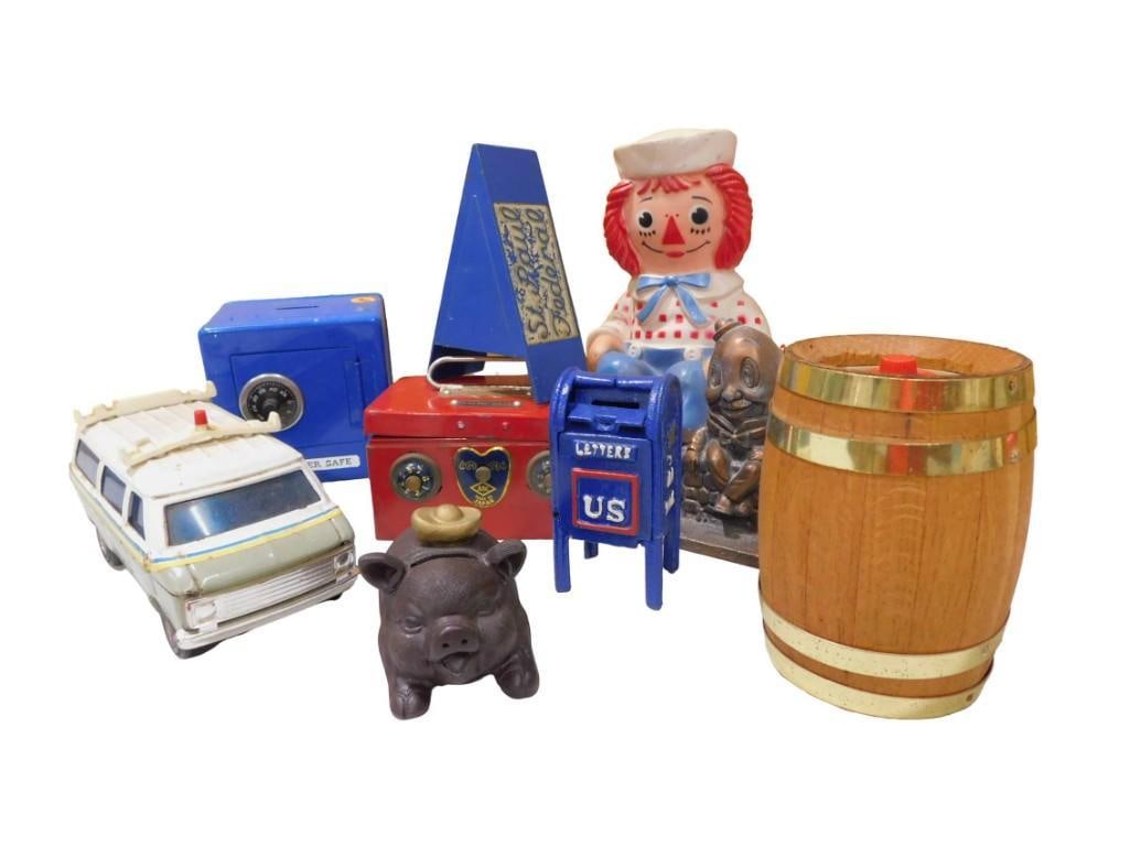 Toy Coin Banks Lot incl Cast Iron Mailbox Coin Bank, Raggedy Andy Coin Bank, Piggy Bank, (1 of 9)