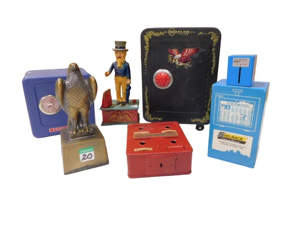 Lot of Coin Banks incl Cast Iron Uncle Sam Mechanical Bank, Eagle Bank, Newspaper Rack Bank, (1 of 8)