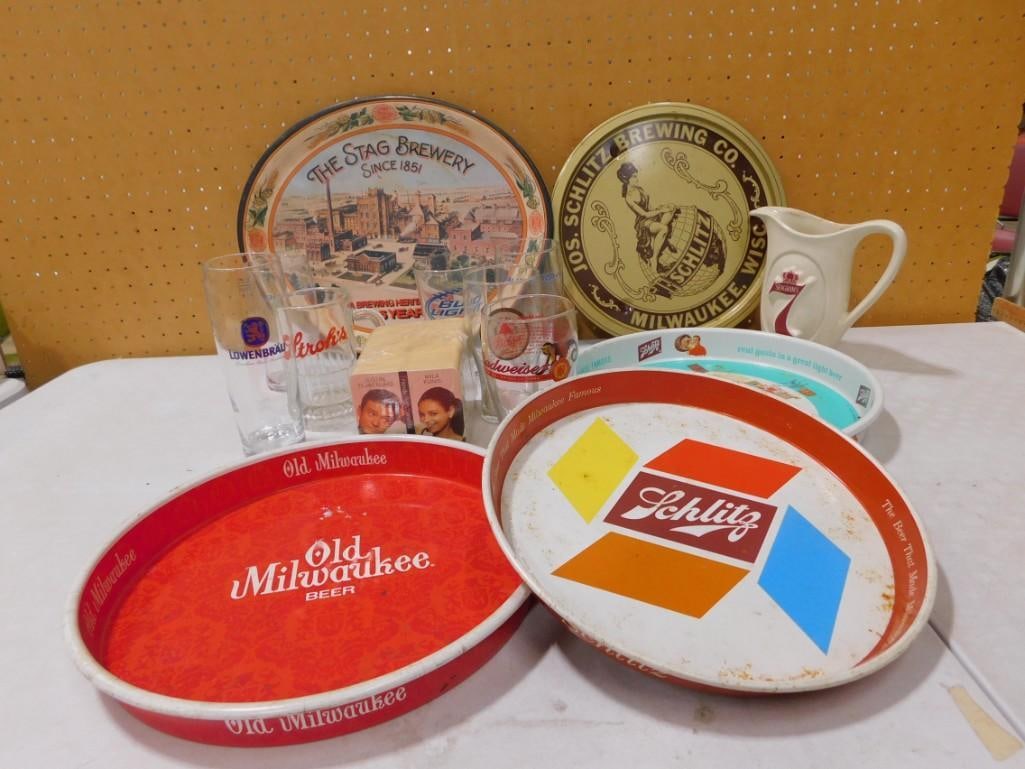 Bar Lot incl 2 Vintage Schlitz Beer Trays, 1 Vintage Old Milwaukee Beer Tray, Schlitz Beer Metal Sig: Bar Lot incl 2 Vintage Schlitz Beer Trays, 1 Vintage Old Milwaukee Beer Tray, Schlitz Beer Metal Sign, Seagram's 7 pitcher, Stroh's, Lowenbrau, Bud Light, Budweiser Beer Glasses, The Stag Brew