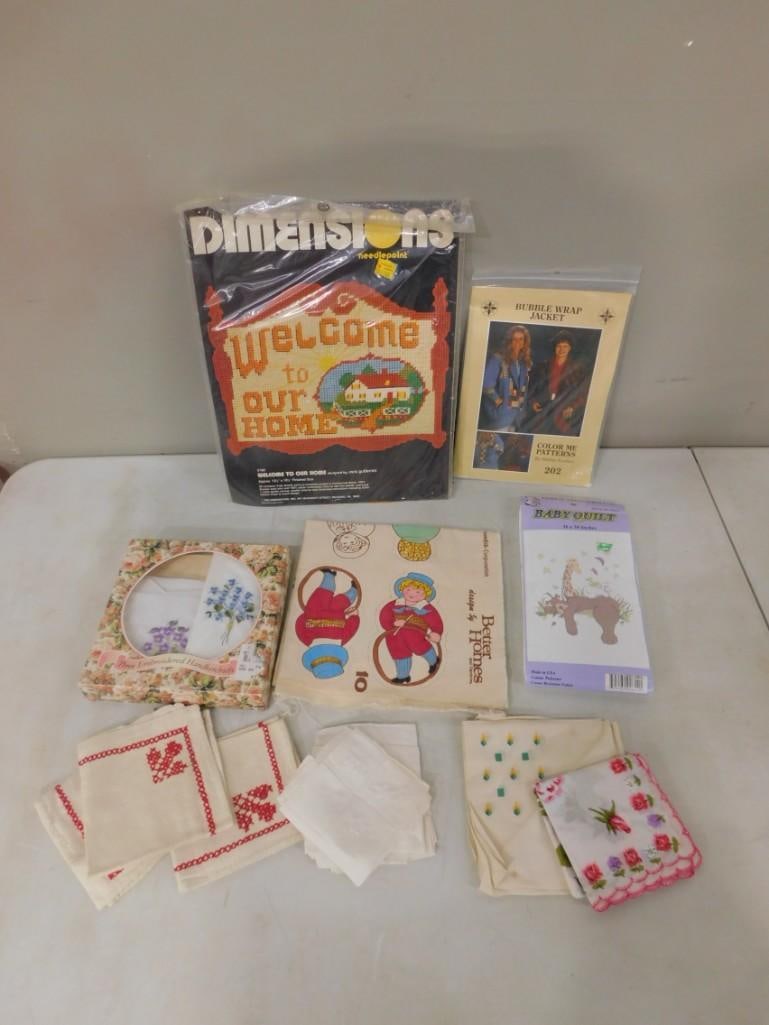 Vintage Needlepoint Craft Kit, Patterns, Vintage Handkerchiefs, etc: Vintage Needlepoint Craft Kit, Patterns, Vintage Handkerchiefs, etc All pictures are considered part of the description and should be examined carefully by bidders. Live Auctioneers is now offering