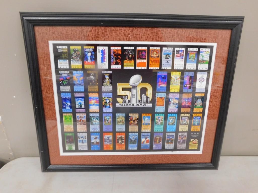 Framed Print of the first 50 Superbowl Ticket Stubs. This is just a print and smaller than actual: Framed Print of the first 50 Superbowl Ticket Stubs. This is just a print and much smaller than actual ticket stubs All pictures are considered part of the description and should be examined carefully