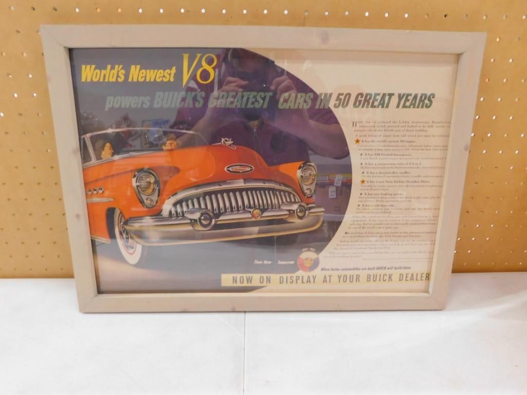 Framed 1953 Buick Roadmaster V8 Convertible Advertisement reproduction: Framed 1953 Buick Roadmaster V8 Convertible Advertisement reproduction All pictures are considered part of the description and should be examined carefully by bidders. Live Auctioneers is now offering