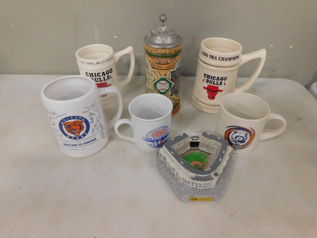 Sports Lot including Chicago Bulls, Bears, Mugs / Beer Steins, Comiskey Park Stein, Miniature Park: Sports Lot including Chicago Bulls, Bears, Mugs / Beer Steins, Comiskey Park Stein, Miniature Park Model / Paperweight All pictures are considered part of the description and should be examined carefu