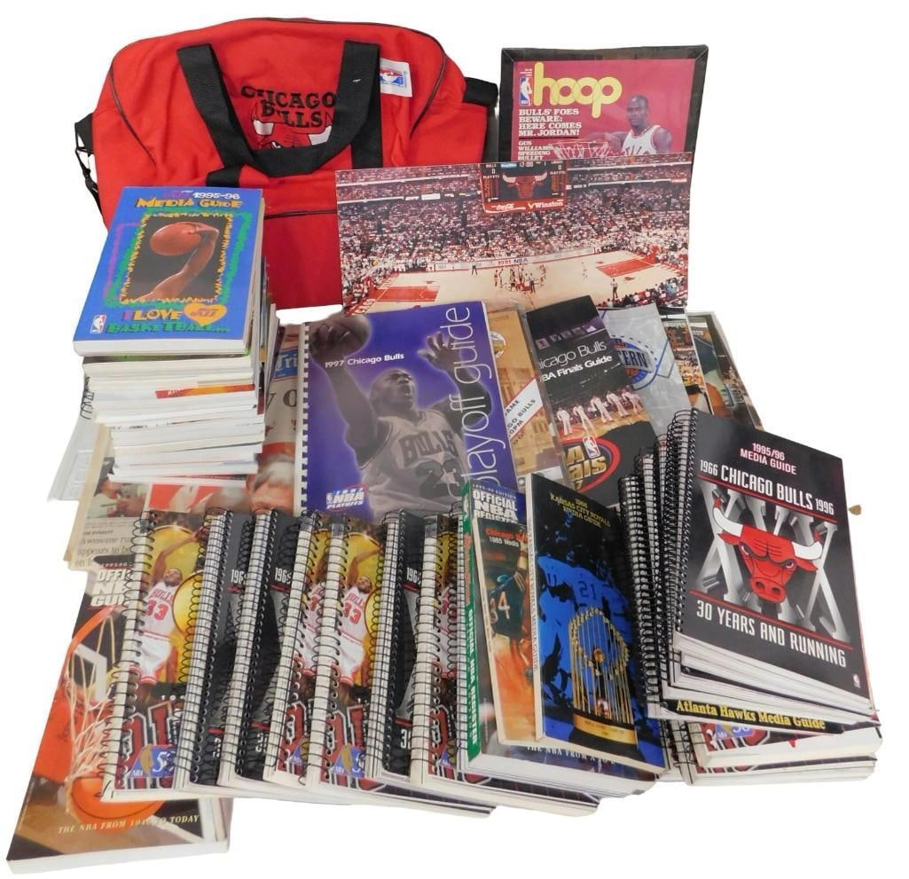 Chicago Bulls and Basketball Sports Lot, etc. Including Media Guides, Print, Bag, Guides, etc.: Chicago Bulls and Basketball Sports Lot, etc. Including Media Guides, Print, Bag, Guides, Newspaper, etc. All pictures are considered part of the description and should be examined carefully by bidder