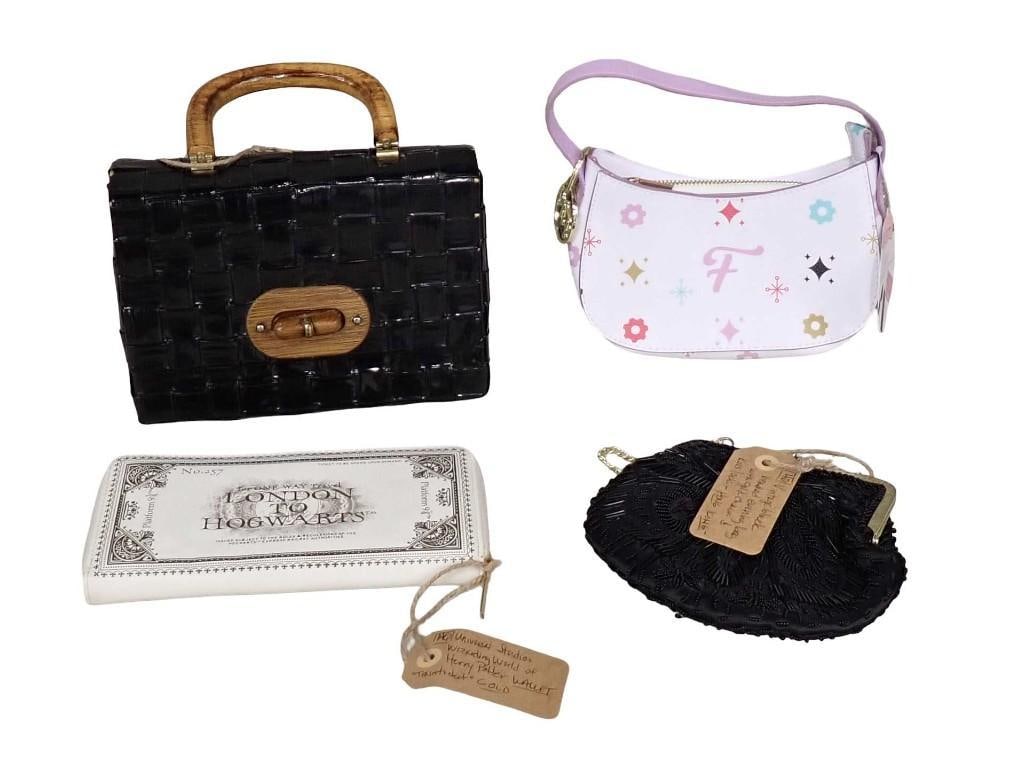 4 Purses incl Vintage Black Beaded Evening Bag with Gold Chain & Kiss Lock - Hong Kong, (1 of 7)