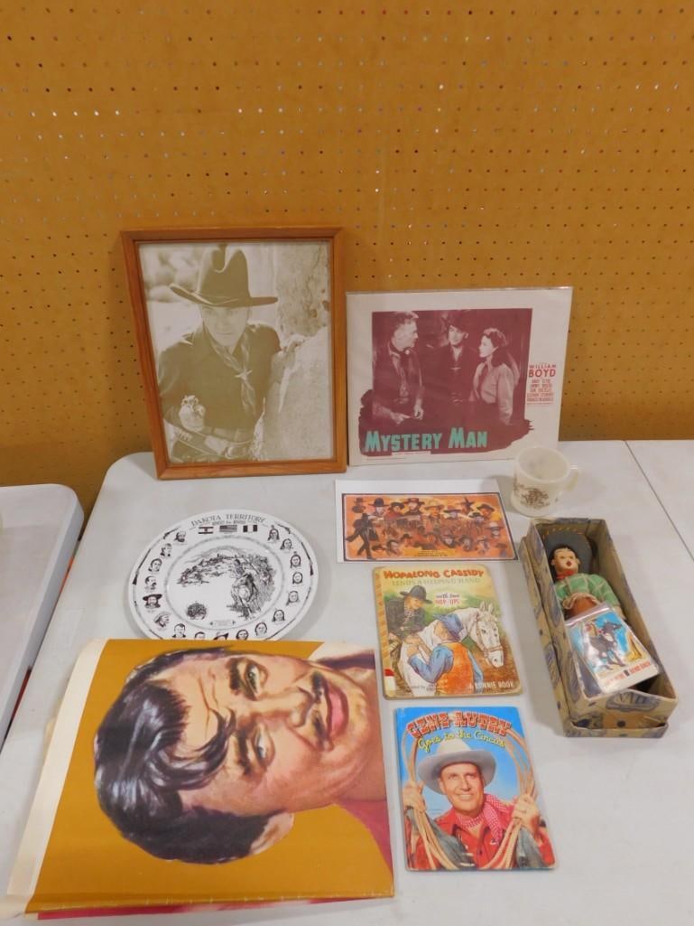 Vintage Cowboy Lot including Hopalong Cassidy, Gene Autry, Dakota Territory Plate,1930s Nati Doll: Vintage Cowboy Lot including Hopalong Cassidy, Gene Autry, Dakota Territory Plate,1930s Nati Cowboy Doll with Box, William Boyd Mystery Man Print, etc. All pictures are considered part of the descript