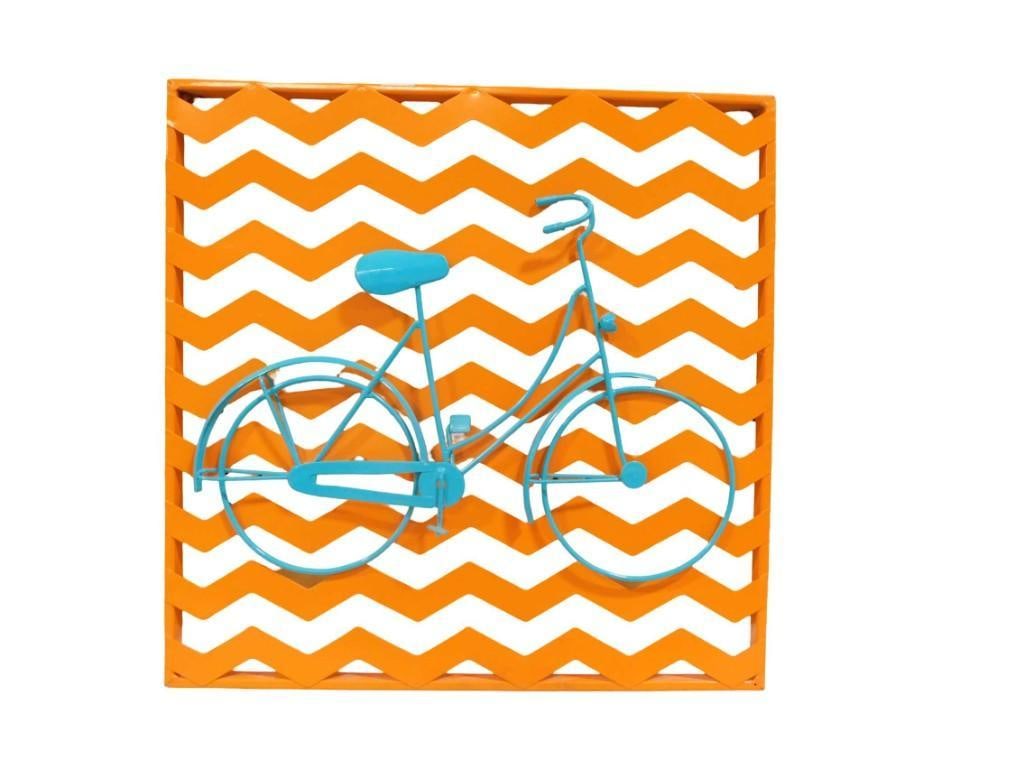 Metal Bicycle or Bike Wall Hanging Aqua and Orange 16" x 16": Metal Bicycle or Bike Wall Hanging Aqua and Orange 16" x 16" All pictures are considered part of the description and should be examined carefully by bidders. Live Auctioneers is now offering