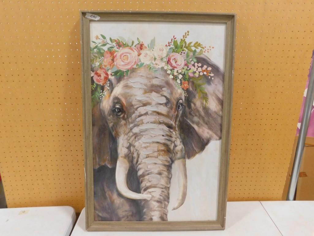 Elephant with a Flower Crown Framed Print 35.5" x 23.5": Elephant with a Flower Crown Framed Print 35.5" x 23.5" All pictures are considered part of the description and should be examined carefully by bidders. Live Auctioneers is now offering Live S
