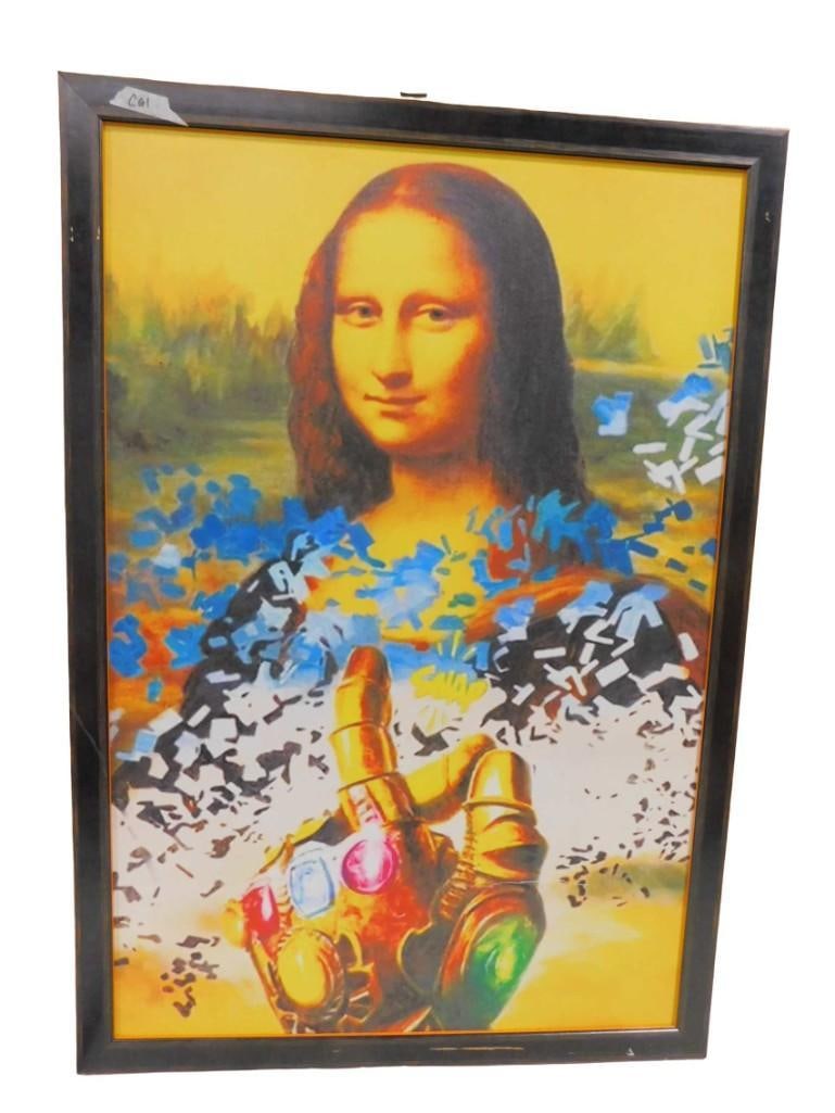 Sanuj Birla "Thanos Snaps and Mona Disappears" Framed Print 38" x 26": Sanuj Birla "Thanos Snaps and Mona Disappears" Framed Print 38" x 26" All pictures are considered part of the description and should be examined carefully by bidders. Live Auctioneers 