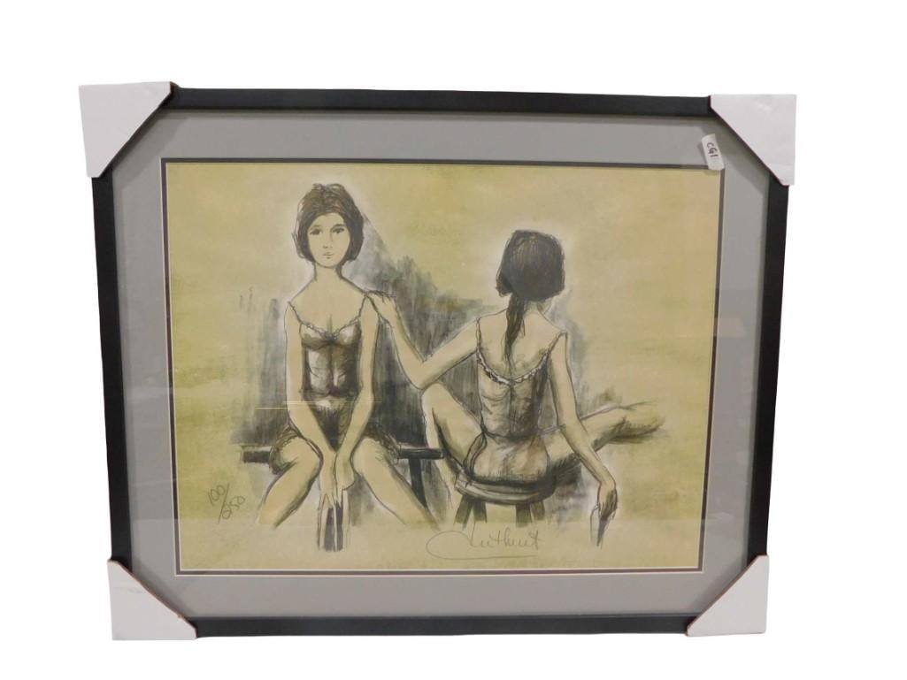 2 Ladies Seated Signed Print Numbered 100/250 Unknown Artist: 2 Ladies Seated Signed Print Numbered 100/250 Unknown Artist 31.5" x 25" All pictures are considered part of the description and should be examined carefully by bidders. Live Auctioneers is no