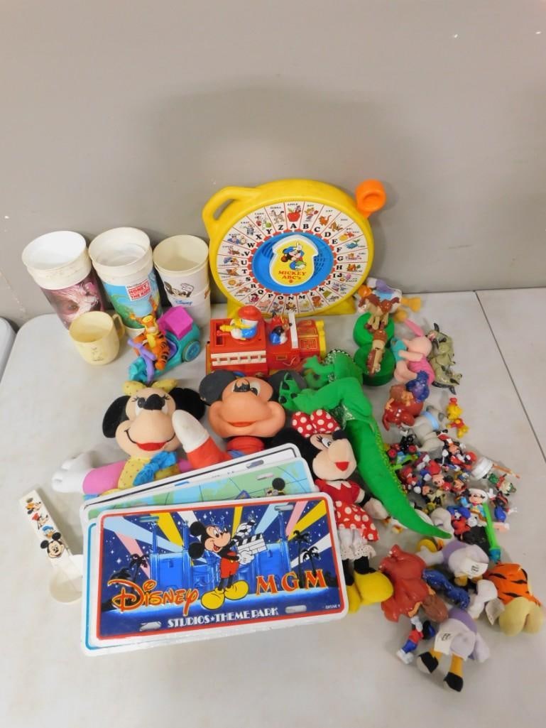 Disney Lot incl Mickey Mouse, Minnie Mouse Plush, Figures, Donald Duck Firetruck,: Disney Lot incl Mickey Mouse, Minnie Mouse Plush, Figures, Donald Duck Firetruck, Mickey Mouse See 'n Say, Small Toys, Disney License Plates, Etc All pictures are considered part of the descripti
