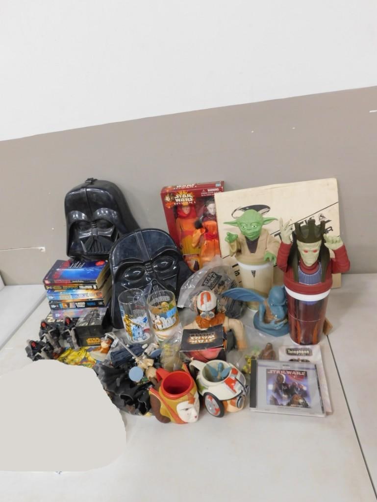Star Wars Toy Lot, etc. Including Darth Vader Figure Holder, Books, Mugs, Glasses, Yoda, Figures, et: Star Wars Toy Lot, etc. Including Darth Vader Figure Holder, Books, Mugs, Glasses, Yoda, Figures, etc All pictures are considered part of the description and should be examined carefully by bidders. L