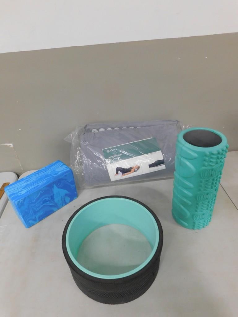 Exercise Lot incl Rollers, Block, New in Package Gaiam Acupressure Pillow: Exercise Lot incl Rollers, Block, New in Package Gaiam Acupressure Pillow All pictures are considered part of the description and should be examined carefully by bidders. Live Auctioneers is now off