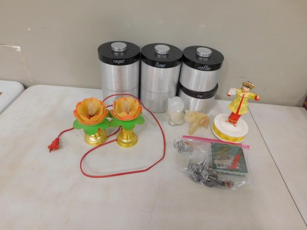 Misc. Lot including Kitchen Spice Containers, Flower Lights, Carved Stone Animals, Asian style Figur: Misc. Lot including Kitchen Spice Containers, Flower Lights, Carved Stone Animals, Asian style Figure, ornaments, etc All pictures are considered part of the description and should be examined careful