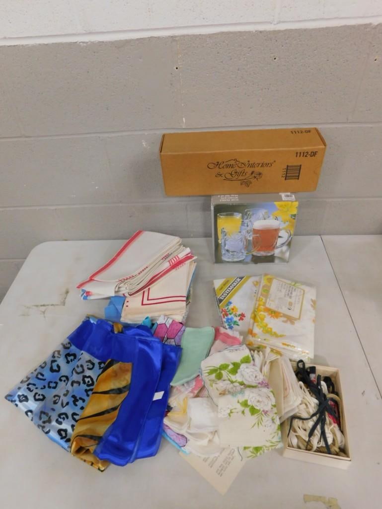 Misc. Lot including Beer Glasses, Small wooden Trinket shelf, vintage linens, etc: Misc. Lot including Beer Glasses, Small wooden Trinket shelf, vintage linens, etc All pictures are considered part of the description and should be examined carefully by bidders. Live Auctioneers is n