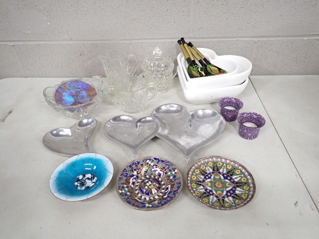 Serving and Decorative Kitchen incl MCM Gerte Hacker Enamel Plate - Signed, Cloisonne Plates,: Serving and Decorative Kitchen incl MCM Gerte Hacker Enamel Plate - Signed, Cloisonne Plates, Heart Shaped Dishes, Khokhloma Hohloma Russian Painted Spoons, etc All pictures are considered part