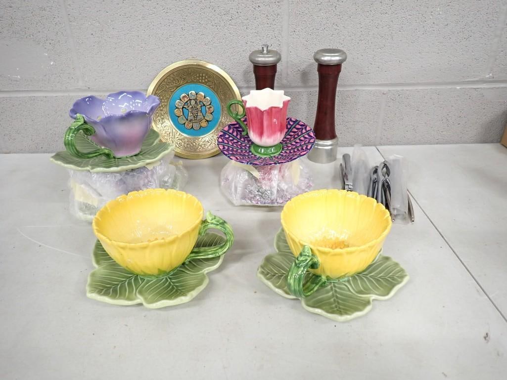 Kitchen Items incl Flower Cups and Saucers, Jerusalem Wall Plate, Salt and Pepper Shakers, Etc: Kitchen Items incl Flower Cups and Saucers, Jerusalem Wall Plate, Salt and Pepper Shakers, Etc All pictures are considered part of the description and should be examined carefully by bidders. Live A