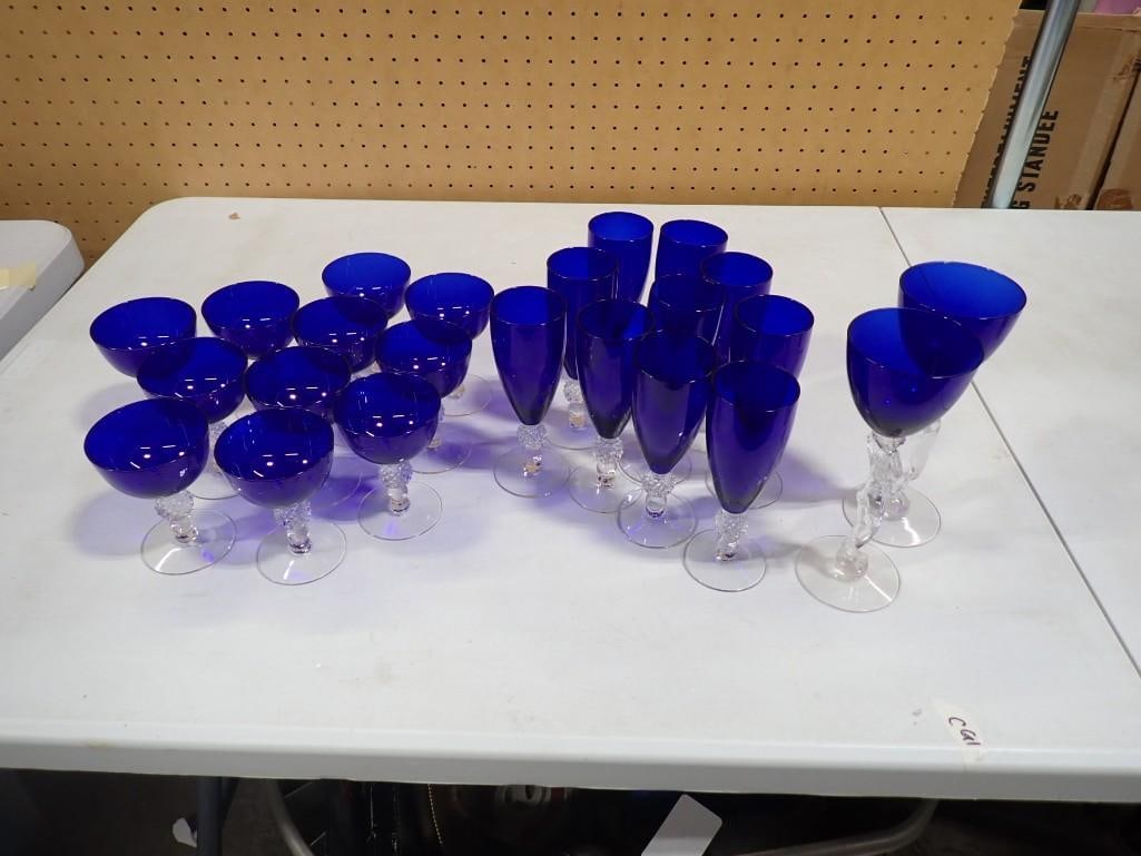 23 Cobalt Blue and Clear Stemware Glasses incl 2 with Nude Woman Stems: 23 Cobalt Blue and Clear Stemware Glasses incl 2 with Nude Woman Stems. Includes 11 Short, 10 Medium, 2 Nude Woman Stem Glasses. All pictures are considered part of the description and should be