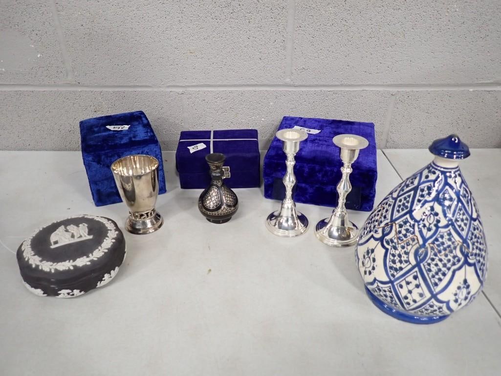Collectibles incl Bidri Ware Silver Inlay Vase, Blue and White Pottery Vase with Lid,: Collectibles incl Bidri Ware Silver Inlay Vase, Blue and White Pottery Vase with Lid, Wedgwood Jasperware Black and White Trinket Box, Alef Judaica Candlesticks and Small Cup All pictures are conside