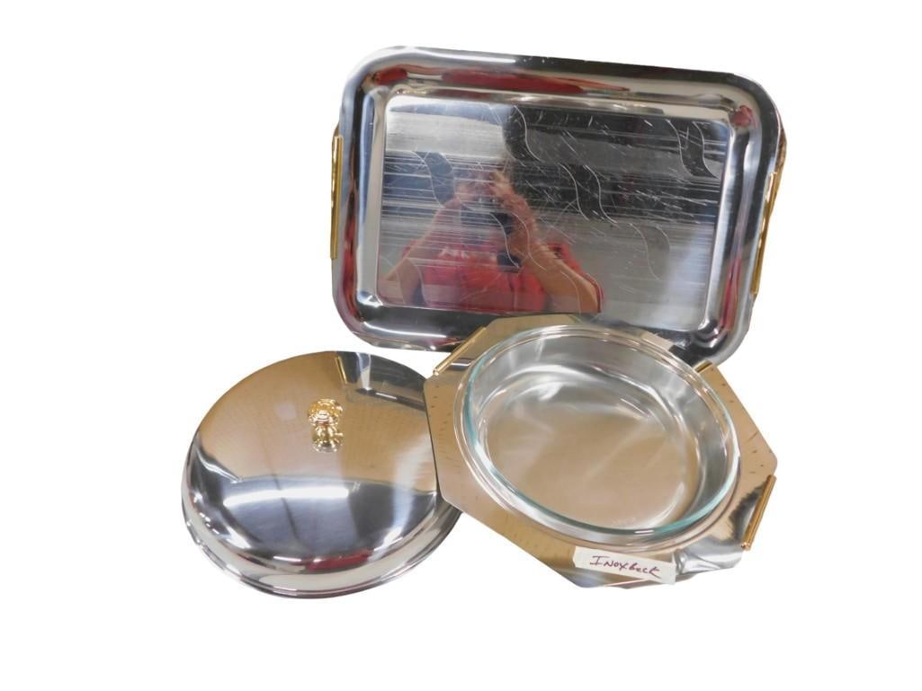 Metal Serving Tray and Inoxbeck Covered Serving Dish: Metal Serving Tray and Inoxbeck Covered Serving Dish All pictures are considered part of the description and should be examined carefully by bidders. Live Auctioneers is now offering Live Shipping thr