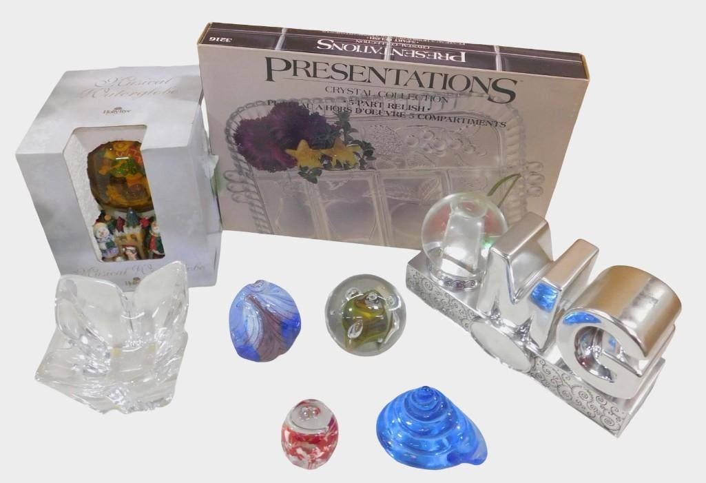 Lot of Art Glass Paperweights including an Orrefors Flower, 5 Part Relish Tray, Musical Snow Globe, (1 of 8)