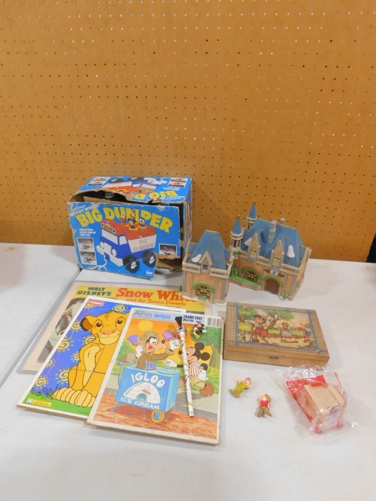 Toy Lot including Walt Disney Mickey Mouse Big Dumper with Damaged Box, Puzzles, Pinocchio, etc: Toy Lot including Walt Disney Mickey Mouse Big Dumper with Damaged Box, Puzzles, Pinocchio, Disney Parks Village Series Mickey's Christmas Carol, etc All pictures are considered part of the descri