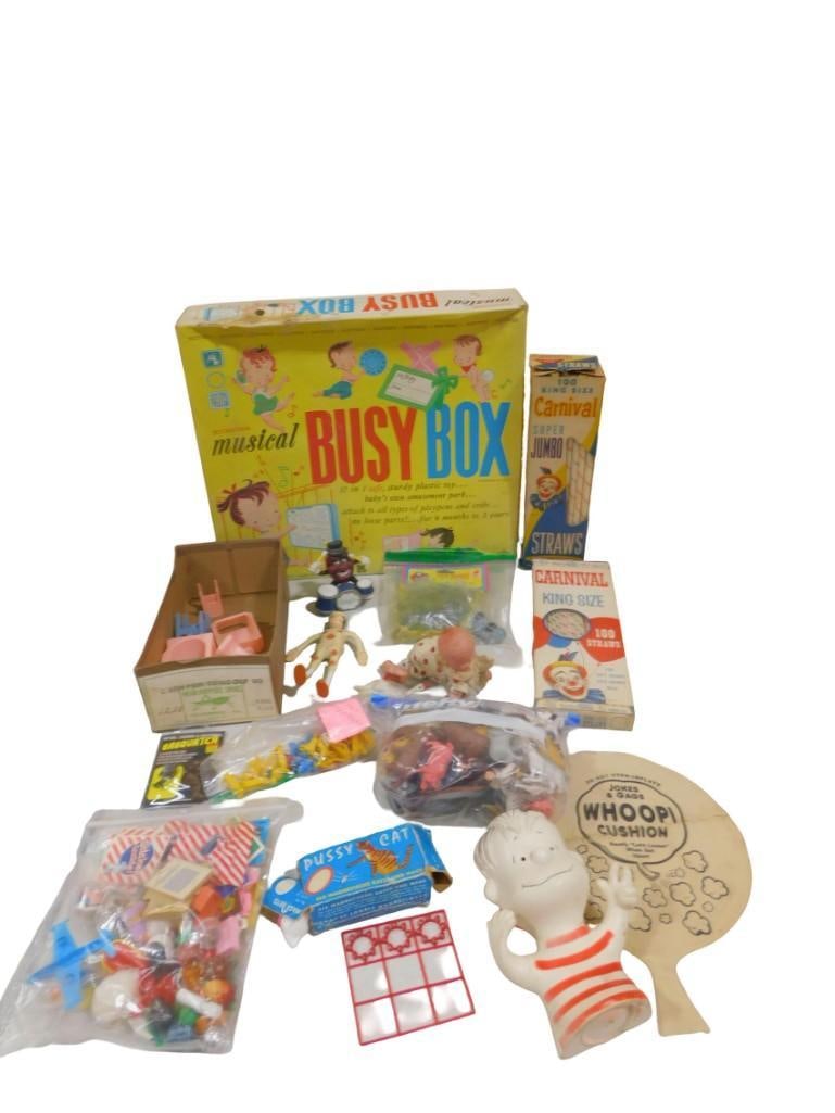 Vintage Toys, etc. Including Carnival Straws, Musical Busy Box, Peanuts Bank, Whoopi Cushion, Caps, (1 of 6)