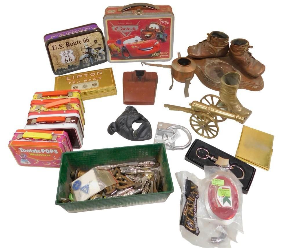 Collectibles Lot including Cars Lunchbox, Route 66, Smalls, Mini Tootsie Pop Tins, Cannon, Brass: Collectibles Lot including Cars Lunchbox, Route 66, Smalls, Mini Tootsie Pop Tins, Cannon, Brass, Hardware, etc. All pictures are considered part of the description and should be examined carefully by