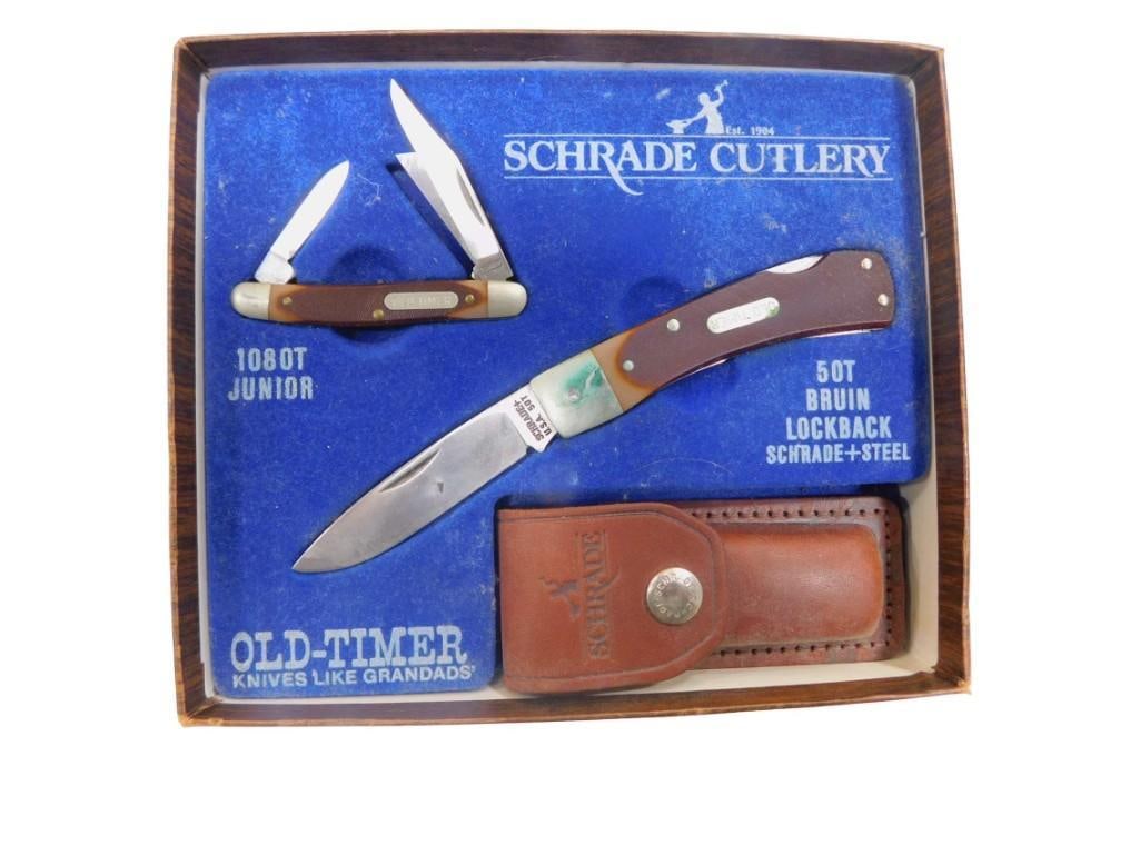 2 Schrade Old Timer Knives incl a Single Blade and a 3 Blade and a Leather Case: 2 Schrade Old Timer Knives incl a Single Blade and a 3 Blade and a Leather Case All pictures are considered part of the description and should be examined carefully by bidders. Live Auctioneers is n
